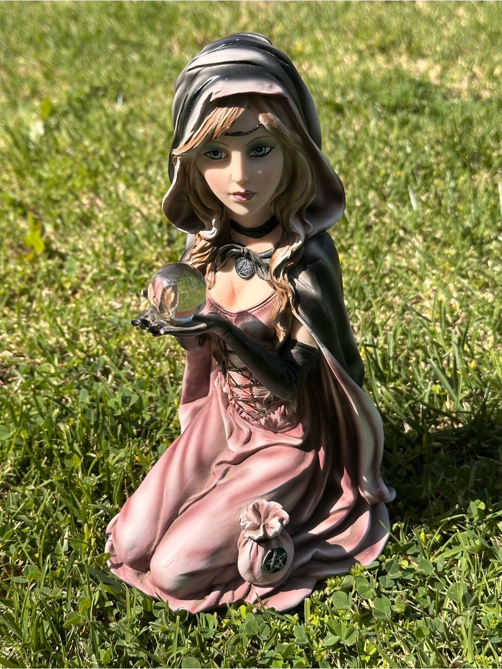 Pink Hooded Witch Figurine Holding Crystal Ball